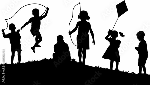 Silhouette of children playing with a kite and jump ropes on a grassy hill in black and white style