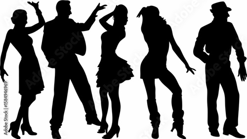 Silhouette illustration of a group of people dancing together in various poses and wearing different attire