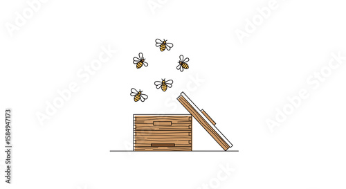 Bees flying around open wooden beehive illustration