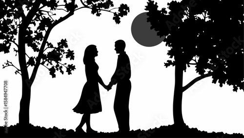 Silhouette of a couple holding hands under a moonlit sky between trees in a romantic setting at night