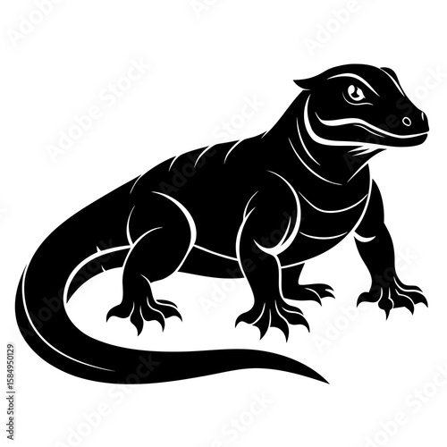 Depicts a black vector silhouette of a formidable komodo dragon isolated on a clean white backdrop, showcasing its reptilian form and powerful presence.