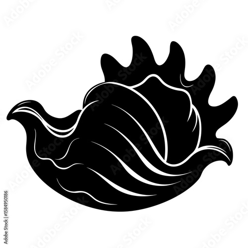 An intricate black vector silhouette of a giant clam presents a captivating design element, perfect for illustrating marine biology and ocean life concepts with simple beauty.