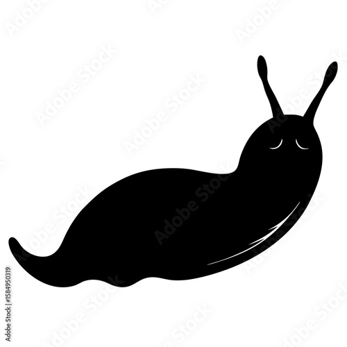 A simple black silhouette of a slug is featured against a clean white background, perfect for designs needing natural elements and minimalist vector graphics.