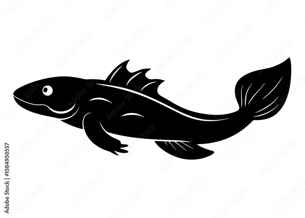 Obraz premium A sleek vector silhouette of a mudskipper conveys its unique amphibious nature, perfect for illustrating coastal biology or wildlife conservation efforts with a minimalist aesthetic.