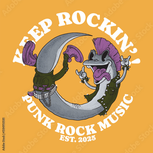 retro cartoon gecko mascot with mohawk in rocker outfit
