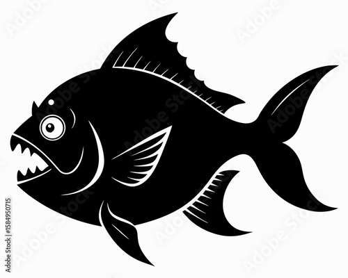 A striking vector silhouette of a black piranha fish swims gracefully, ideal for designs needing a touch of aquatic wildness and minimalist elegance.