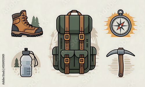 Flat design illustration of hiking gear, including boots, backpack, water bottle, compass, and pickaxe.