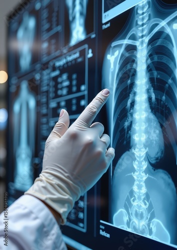 Doctor with gloved hand examining thoracic x-ray image on display for medical analysis