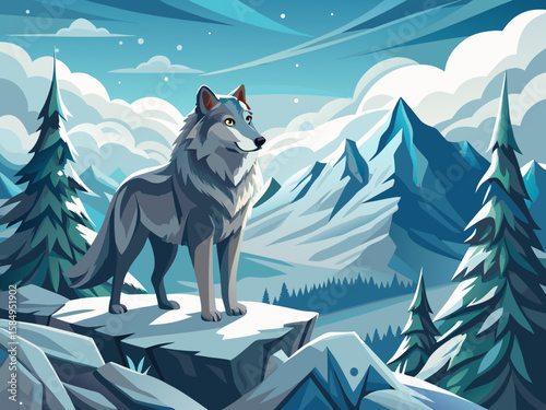 vector of A majestic gray wolf stands on a snowy ridge and stares out into the misty desert...