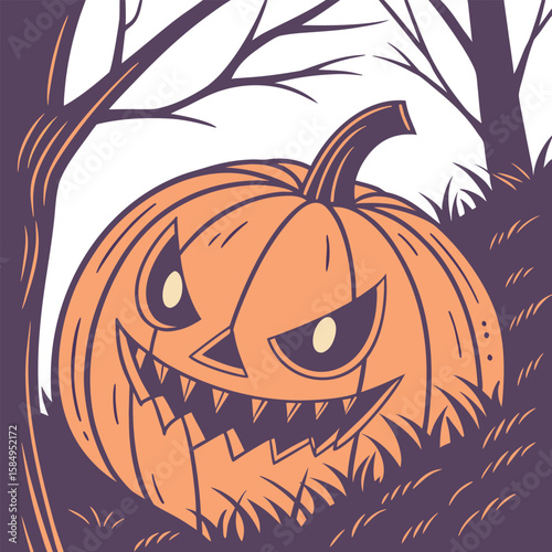Scary Halloween pumpkin vector illustration with bats, a spooky orange cartoon for a fun October night