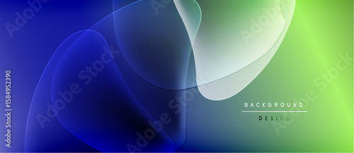 Abstract gradients blend blue, green hues. Overlapping shapes create dynamic visual effect. Minimalist design suggests modern aesthetic.