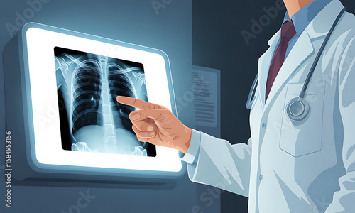Doctor examining a chest X-ray, pointing to a specific area on the illuminated screen for diagnosis.