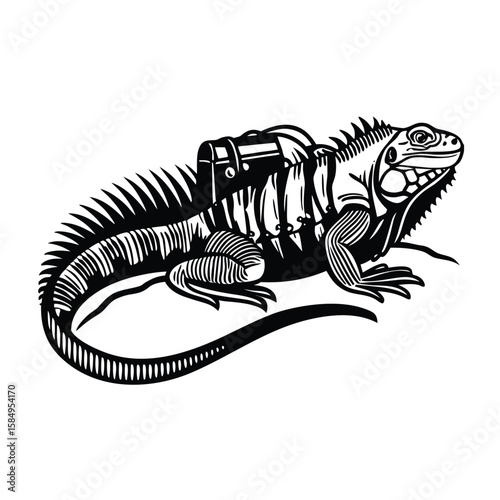 Black and white iguana with backpack reptile animal