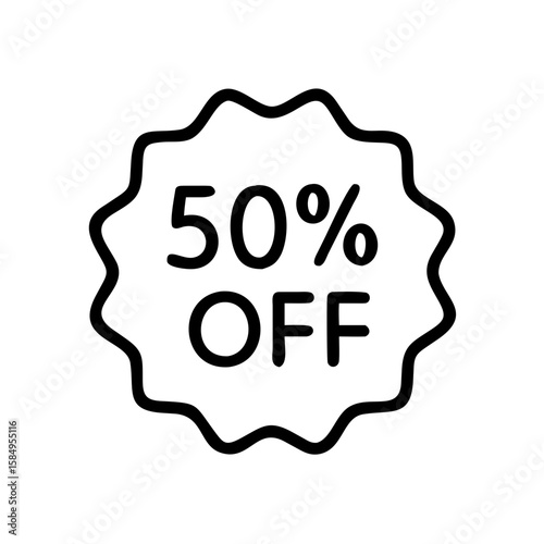 Discount label featuring 50% off in black outline design  
