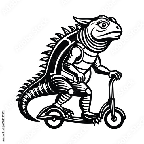 Black and white illustration of a lizard riding a scooter