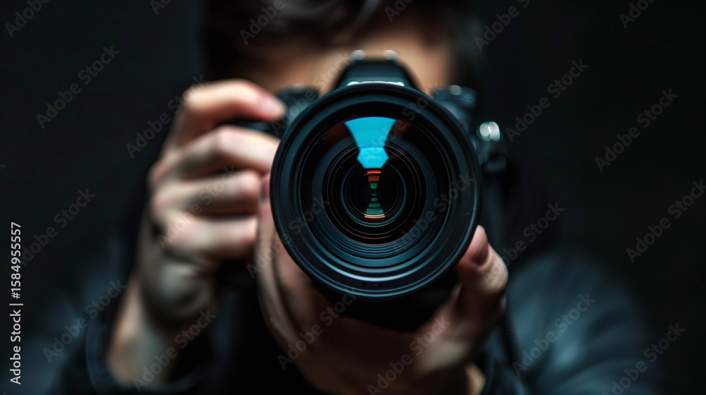 Fototapeta premium Nature photographer capturing wildlife with DSLR camera surrounded by lush tropical foliage