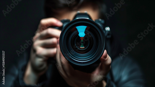 Nature photographer capturing wildlife with DSLR camera surrounded by lush tropical foliage