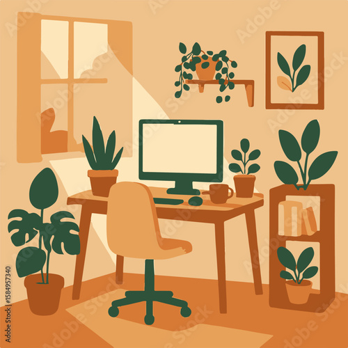 A cozy work from home setup featuring a desk, computer, and an abundance of potted plants in a sunlit room.