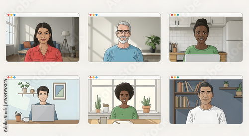 Pixel Art Video Call Screen with Diverse Cartoon Characters in Online Meeting Grid