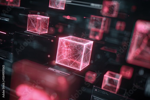 Glowing red wireframe cubes floating in digital space