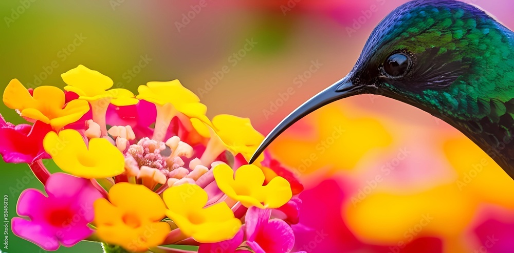 Naklejka premium Hummingbird sips nectar from vibrant yellow and pink flowers.