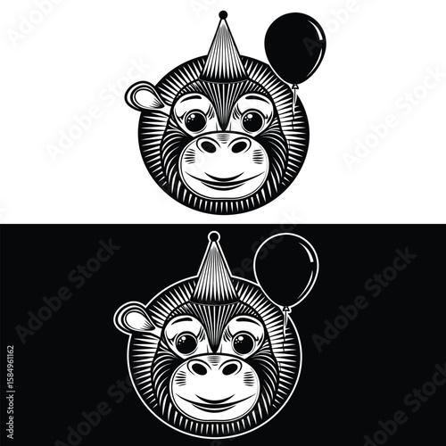 Cheerful monkey wearing party hat holding balloon primate