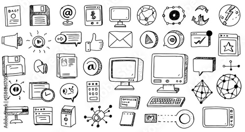 Hand-Drawn Tech  Communication Icons: Digital Media, Internet  Office Symbols