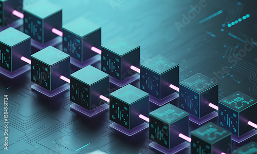 Interconnected data cubes transmit information along glowing lines, representing a digital network or blockchain technology.