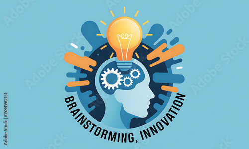A lightbulb illuminates a brain with gears, symbolizing brainstorming and innovation.