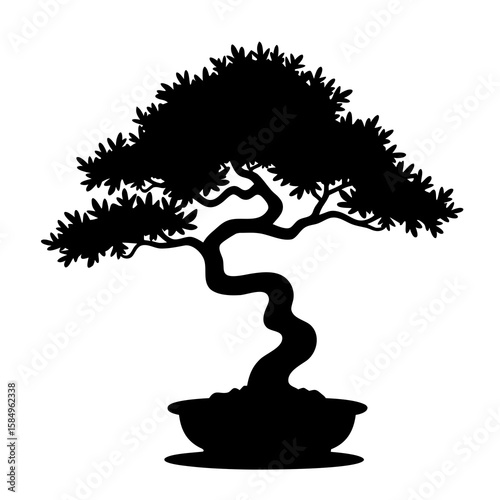 Black silhouette of a stylized bonsai tree in a pot black and white potted plant
