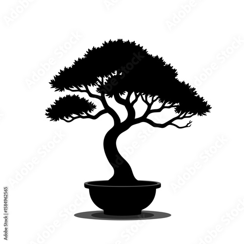 Black silhouette of a stylized bonsai tree in a pot potted plant artistic