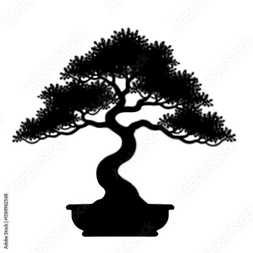 Black silhouette of a stylized bonsai tree in a pot plant potted