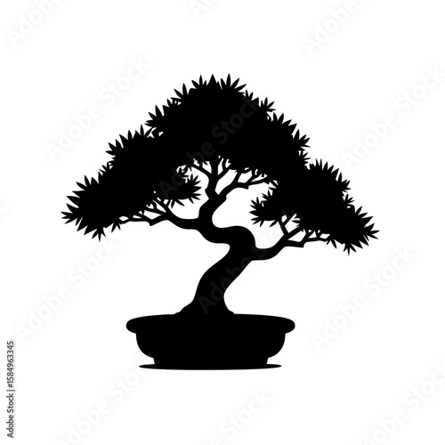 Black silhouette of a stylized bonsai tree in a pot white
