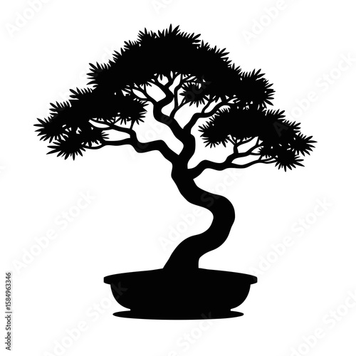 Black silhouette of a stylized bonsai tree in a pot white