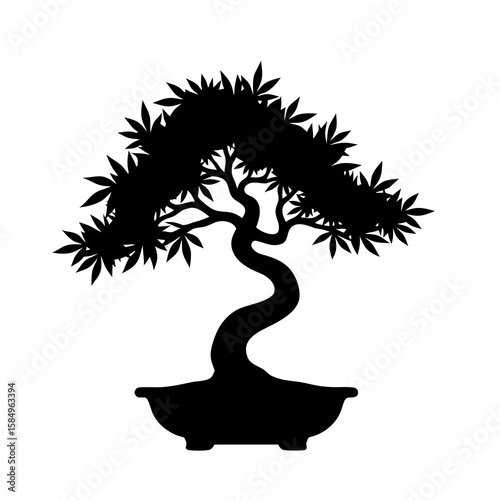 Black silhouette of a stylized bonsai tree in a pot white