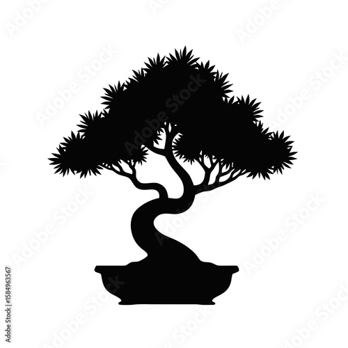 Black silhouette of a stylized bonsai tree in a pot white