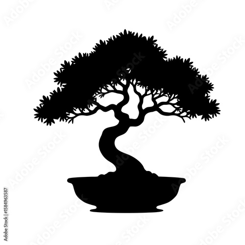 Black silhouette of a stylized bonsai tree in a pot white