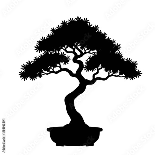 Black silhouette of a stylized bonsai tree in a pot white