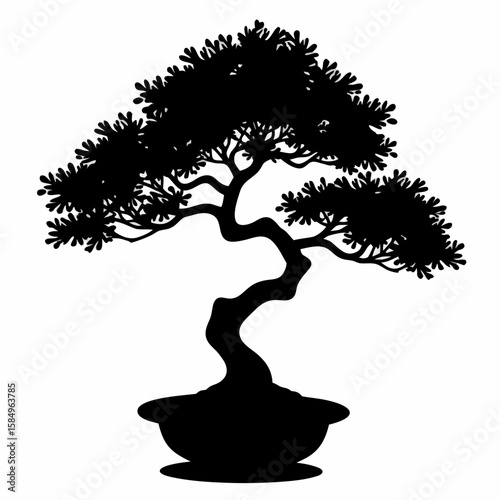 Black silhouette of a stylized bonsai tree in a pot white