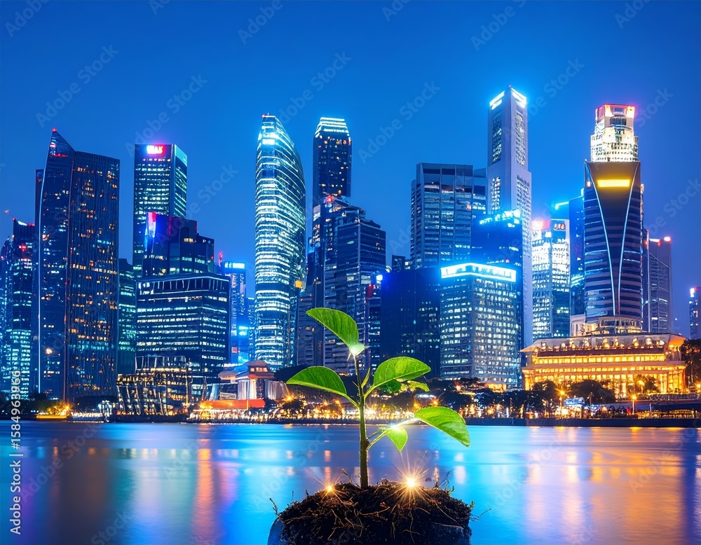 Fototapeta premium Glowing Sprout in a Night Cityscape