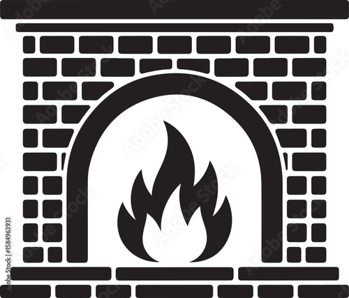 Classic brick fireplace with glowing flames and arched opening silhouette