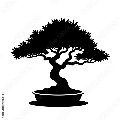 Black silhouette of a stylized bonsai tree in a pot white