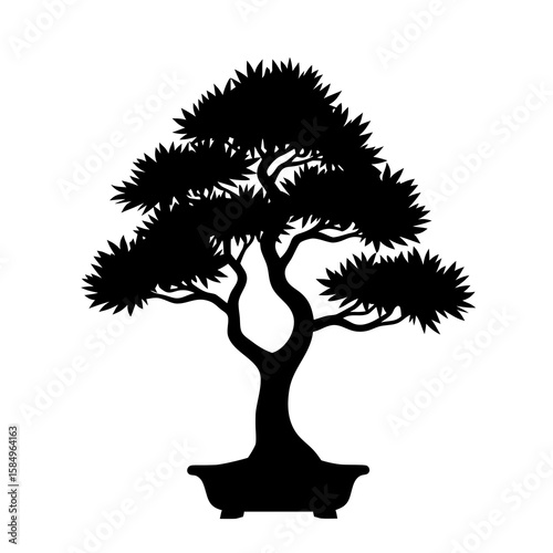 Black silhouette of a stylized bonsai tree in a pot white