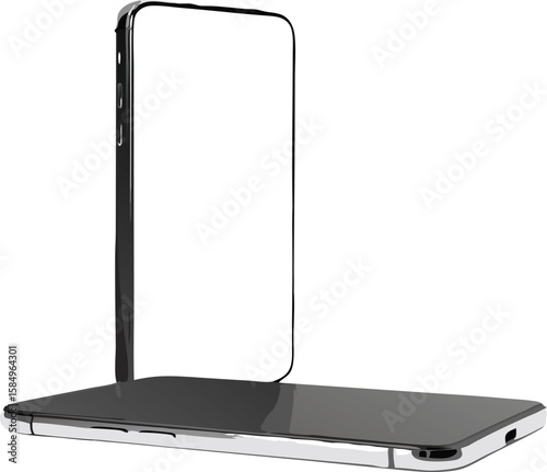 Two smartphones one upright and one lying down side by side on a white surface in a studio shot