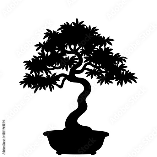 Black silhouette of a stylized bonsai tree with curved trunk and dense foliage in a pot white