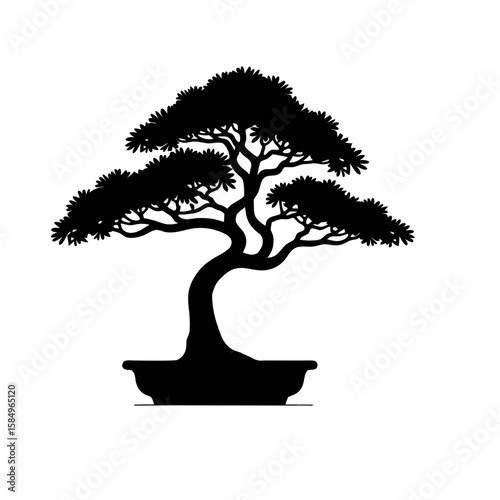 Black silhouette of a stylized pine bonsai tree in a pot vector