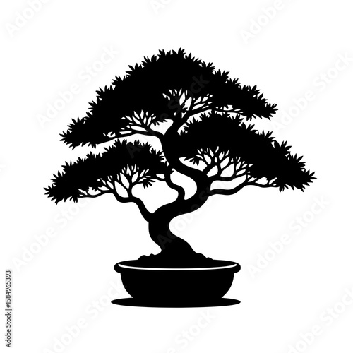 Black silhouette of a stylized tree in a pot bonsai white