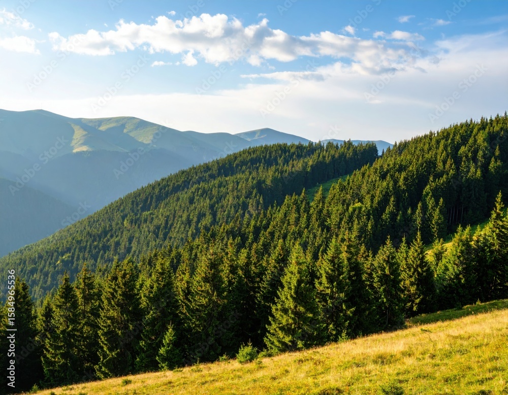 Obraz premium Breathtaking summer day in wild mountains with coniferous forest and green slopes.