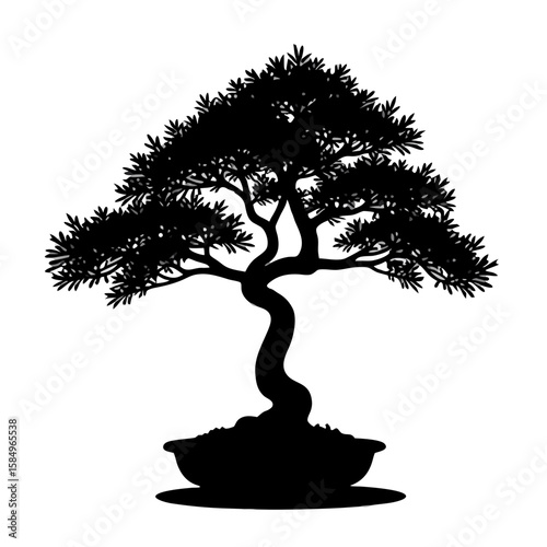 Black silhouette of a twisted bonsai tree in a pot white background potted plant