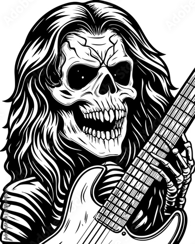 SVG of a rocker skeleton with a skull motif, perfect for edgy tattoo art. Skeleton with Long Hair Holding Electric Guitar in Black and White
